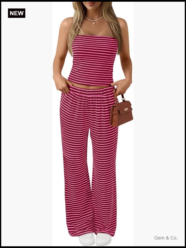 Striped 2 Piece Lounge Set Athletic Travel Outfit Crop Top Wide Leg Pants